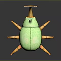 Green Spotted Beetle Toy With Orange Legs And Antler Like Antennae On Black Reflective Surface