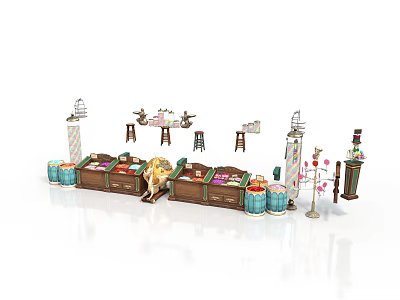 Detailed Building Model Interior With Wooden Counter Chairs Blue Decorations And Flower Stand 3d model