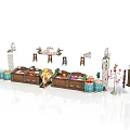 Detailed Building Model Interior With Wooden Counter Chairs Blue Decorations And Flower Stand