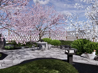 New Chinese Courtyard Zen Courtyard Garden Dry Landscape Garden Stone Cherry Blossom Tree Fence Homestay Stone Table Stone Bench Running Waterscape 3d model