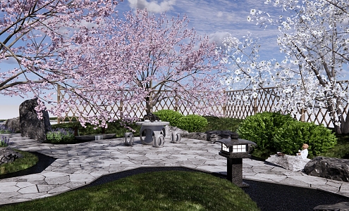 New Chinese Courtyard Zen Courtyard Garden Dry Landscape Garden Stone Cherry Blossom Tree Fence Homestay Stone Table Stone Bench Running Waterscape 3d model