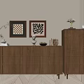 Wooden Console Cabinet And Side Cabinet With Framed Artworks Vase Decorative Items On Wooden Floor 3d model