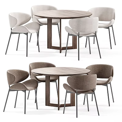 Modern Round Dining Table Set With Upholstered Chairs Wooden Top And Metal Legs 3d model