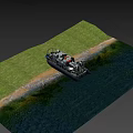 Camouflage Yacht With Black Hull Orange Lifebuoy Side Propellers And Cabin Windows