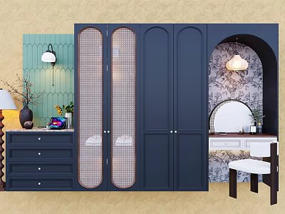 Dark Blue Wardrobe Interior Design With Grid Patterned Doors Dressing Table And Decorative Lamp 3d model