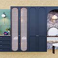 Dark Blue Wardrobe Interior Design With Grid Patterned Doors Dressing Table And Decorative Lamp