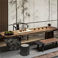 Elegant Tea Room Interior with Long Wooden Table Tea Sets Stone Base and Bamboo Screen
