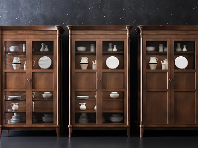 Dark Wood Traditional Sideboard with Glass Doors and Porcelain Dishes 3d model