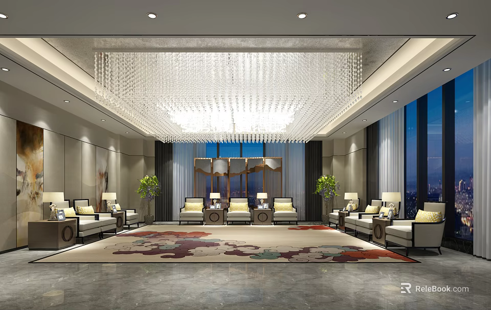 Luxurious Modern Lounge Area Interior With Chandelier Sofas Area Rug And City View 3d model 