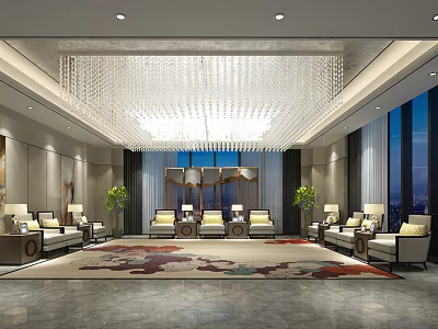 Luxurious Modern Lounge Area Interior With Chandelier Sofas Area Rug And City View 3d model