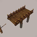 Traditional Wooden Bridge With Carved Railings And Stone Pillar Supports