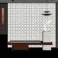 Modern Elegant Front Desk Reception With Perforated Screen Marble Countertop Sculpture Chandelier And Metal Decor