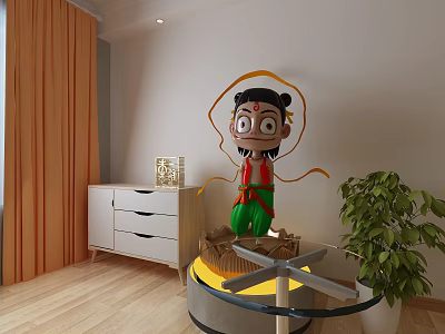 Decorative Cartoon Character Statue With Red Green Outfit On Display Stand In Room With Curtains And Plant 3d model