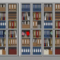 Organized Office Bookcases With Multiple Shelves Blue Red Brown Folders And Files