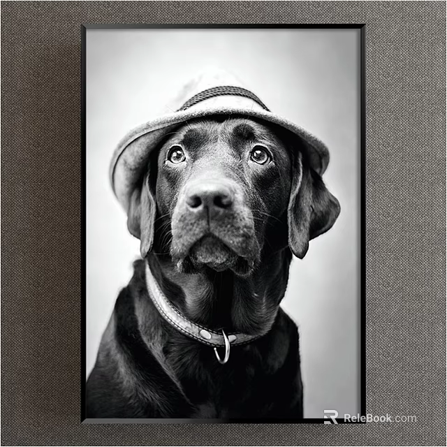 Black and White Animal Portrait Painting of Labrador Dog Wearing Hat and Collar 3d model 