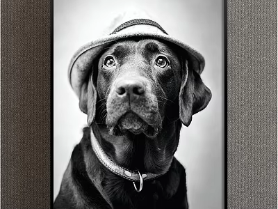 Black and White Animal Portrait Painting of Labrador Dog Wearing Hat and Collar 3d model