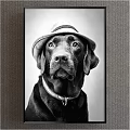 Black and White Animal Portrait Painting of Labrador Dog Wearing Hat and Collar