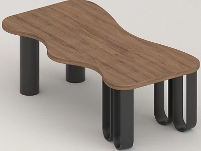 Modern Office Desk With Wavy Wooden Tabletop And Black Metal Legs 3d model