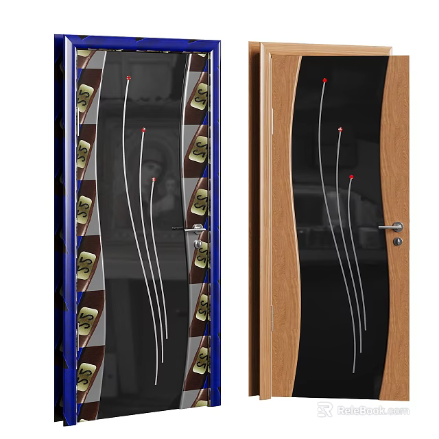 Contemporary Hinged Door Designs With Glass Panels And Decorative Lines In Wooden Frames 3d model 