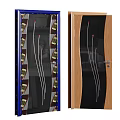 Contemporary Hinged Door Designs With Glass Panels And Decorative Lines In Wooden Frames