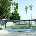 Modern Outdoor Pergola With Curved Roof Design And People Resting Near Green Trees