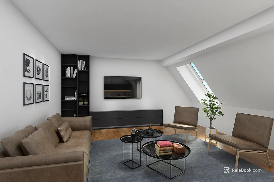 Modern Living Room Interior With Brown Sofa Black Bookshelf Decorative Paintings TV And Armchairs 3d model 