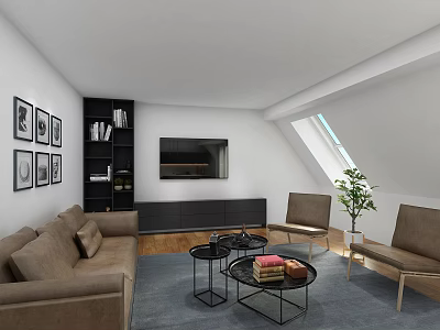 Modern Living Room Interior With Brown Sofa Black Bookshelf Decorative Paintings TV And Armchairs 3d model