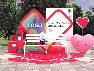 Romantic Heart Themed Check in Photo Spot with White Bench Red Mailbox and Green Trees 3d model