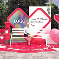 Romantic Heart Themed Check in Photo Spot with White Bench Red Mailbox and Green Trees