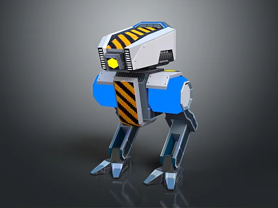 Blue And White Mechanical Robot With Yellow Black Warning Stripes Mechanical Legs And Headlight 3d model