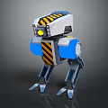 Blue And White Mechanical Robot With Yellow Black Warning Stripes Mechanical Legs And Headlight