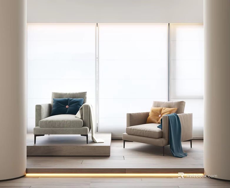 Modern Single Sofa Interior With Blue Orange Cushions And Throw Blanket By Bright Window 3d model