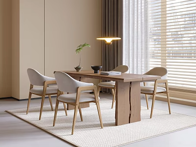 Modern Minimalist Wooden Dining Table Set With Four Chairs Pendant Light And Window Curtains 3d model