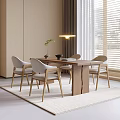Modern Minimalist Wooden Dining Table Set With Four Chairs Pendant Light And Window Curtains