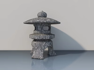 Gray Layered Stone Lantern With Dome Top On Smooth Blue Floor Light Gray Wall 3d model