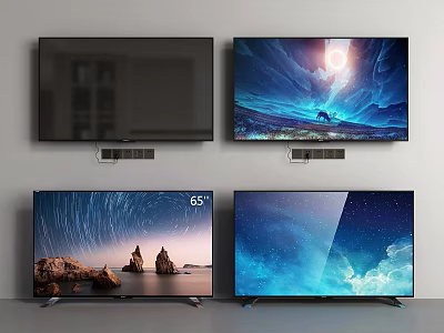 Four Televisions With 65 Inch Screens Showing Nature Scenery Wall Mounted And Stand Placed 3d model