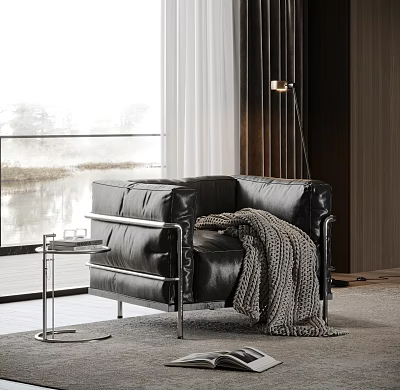Modern Black Leather Single Sofa With Knitted Blanket Side Table And Window View 3d model