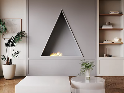 Triangle Fireplace on Gray Wall with Flames Green Plants White Tables Wooden Floor and Bookshelf 3d model