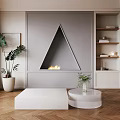 Triangle Fireplace on Gray Wall with Flames Green Plants White Tables Wooden Floor and Bookshelf