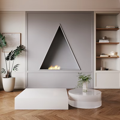 Triangle Fireplace on Gray Wall with Flames Green Plants White Tables Wooden Floor and Bookshelf 3d model