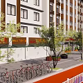 Modern Multi Story Commercial Building With Shops Bus Stop Trees Pedestrian Walkway And Bicycle Parking