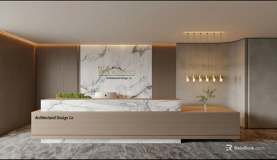 Architectural Design Co Reception With Marble Backdrop Wooden Counter Hanging Lights And Green Plants 3d model 