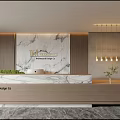 Architectural Design Co Reception With Marble Backdrop Wooden Counter Hanging Lights And Green Plants