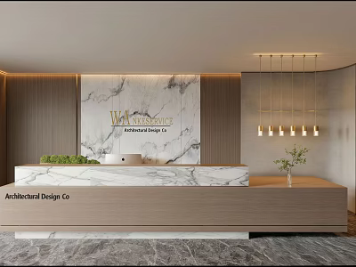 Architectural Design Co Reception With Marble Backdrop Wooden Counter Hanging Lights And Green Plants 3d model