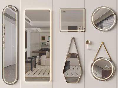 Modern Decorative Mirrors In Various Shapes With LED Lighting For Home Interior Design 3d model