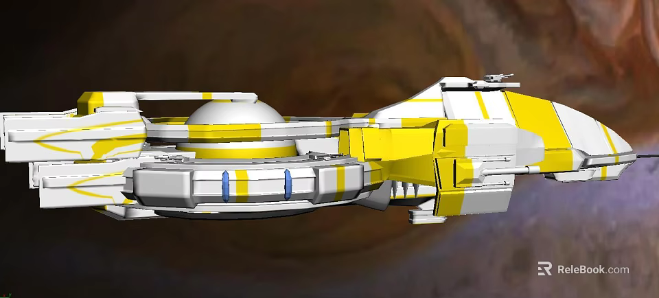 Yellow And White Striped Spaceship With Circular Hull In Planetary Background 3d model 