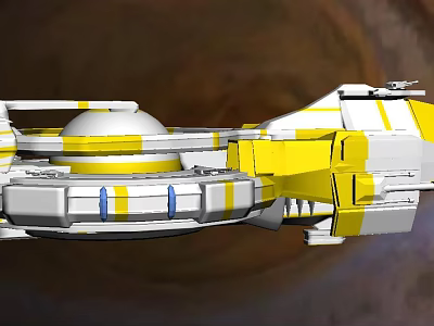 Yellow And White Striped Spaceship With Circular Hull In Planetary Background 3d model