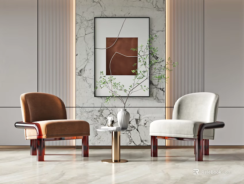 Leisure Sofa Set Including Brown Beige Chairs Round Side Table Green Plant and Wall Art 3d model 