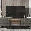 Modern TV Wall with Wooden Slat TV Stand Green Drawers Decorative Vase and Metal Decor