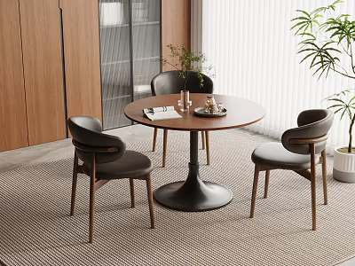 Cozy Dining Space Interior With Round Wooden Table Three Dark Chairs Wooden Cabinets And Window 3d model